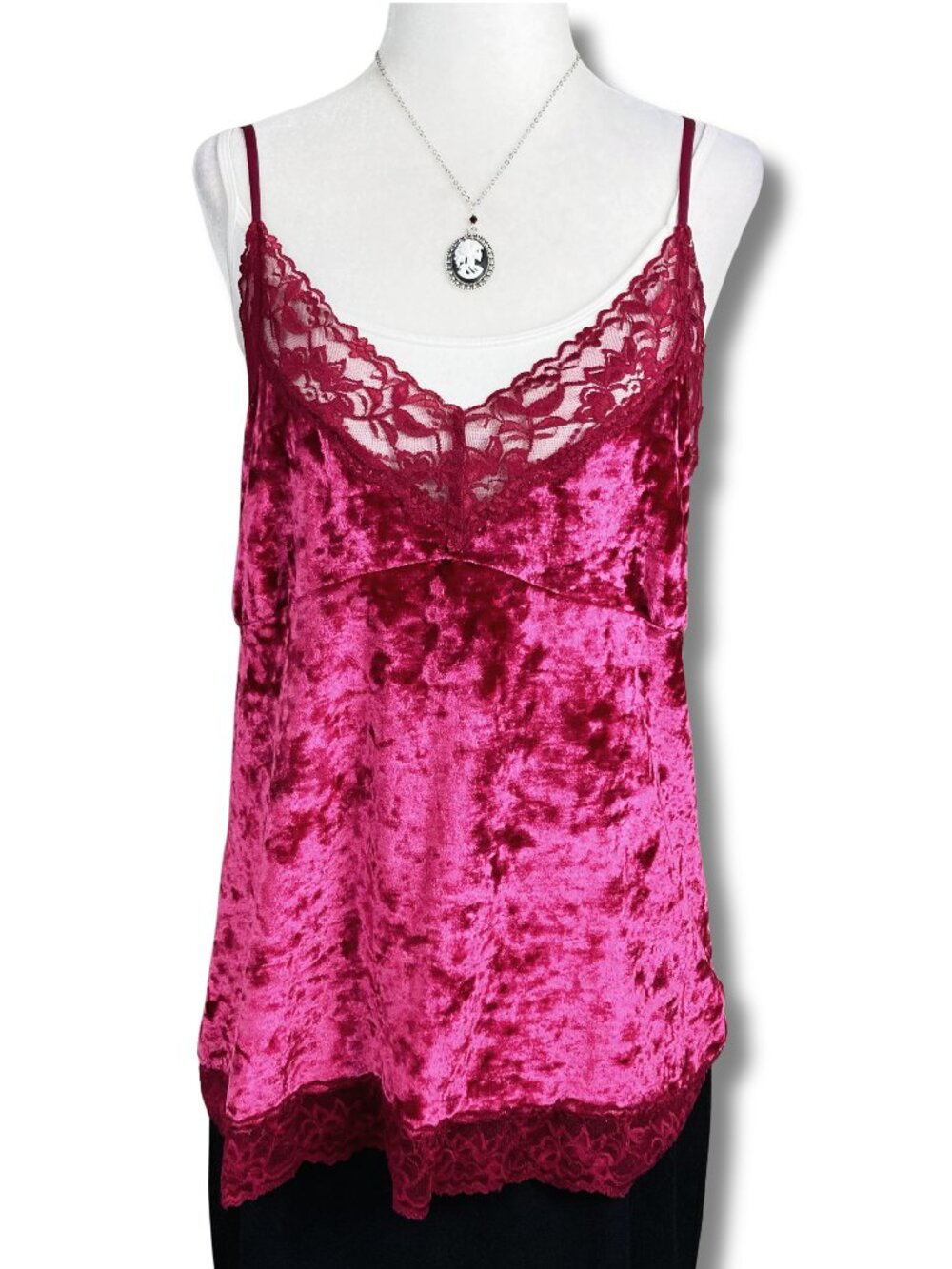 REITMANS Raspberry pink lace-trimmed velvet spaghetti strap tank top LARGE XL 1X